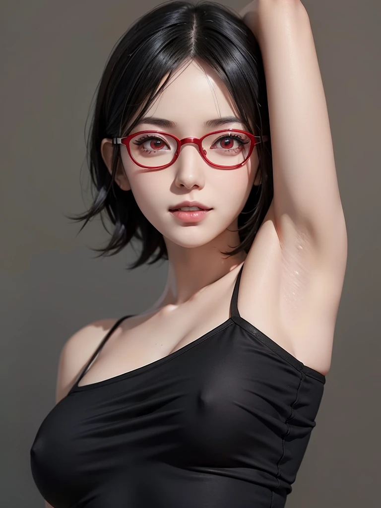 1girl, uchiha sarada in anime boruto, short hair, black hair, red eyes, smile, beautiful, sexy dress, sexy clothes, red clothes, wear red glasses, very big breast, realistic clothes, detail clothes, outdoor background, ultra detail, realistic