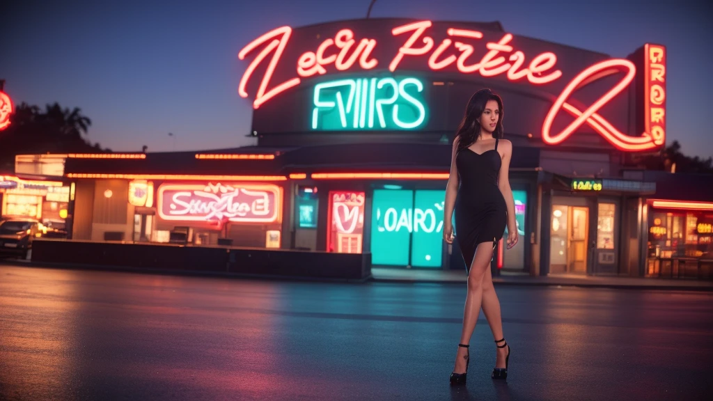 full body photo，a beautiful and sexy woman，streetwhore，streetprostitute，((masterpiece, highest quality, Highest image quality, High resolution, photorealistic, Raw photo, 8K)), arafed view of a motel with aDirty alleys in the suburbs, with red neon signs, A beautiful prostitute waiting for a guest in front of a Alley, seduction,stockings，Sexy vest， short dress and high heels, route 6 6, neon signs, 1 9 9 0 s americana tourism, some have neon signs, neon lights outside, neon advertisements, gigantic neon signs, neon shops, by Arnie Swekel, few neon signs, neon signs in background, k, (upper body Close up shot), Ray Tracing CG Unity 8k walpaper, (Detailed Dress), (Detailed body), (detailed skin),