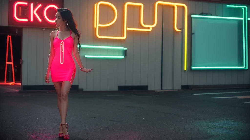 full body photo，a beautiful and sexy woman，streetwhore，streetprostitute，((masterpiece, highest quality, Highest image quality, High resolution, photorealistic, Raw photo, 8K)), arafed view of a motel with aDirty alleys in the suburbs, with red neon signs, A beautiful prostitute waiting for a guest in front of a Alley, seduction,stockings，Sexy vest， short dress and high heels, route 6 6, neon signs, 1 9 9 0 s americana tourism, some have neon signs, neon lights outside, neon advertisements, gigantic neon signs, neon shops, by Arnie Swekel, few neon signs, neon signs in background, k, (upper body Close up shot), Ray Tracing CG Unity 8k walpaper, (Detailed Dress), (Detailed body), (detailed skin),