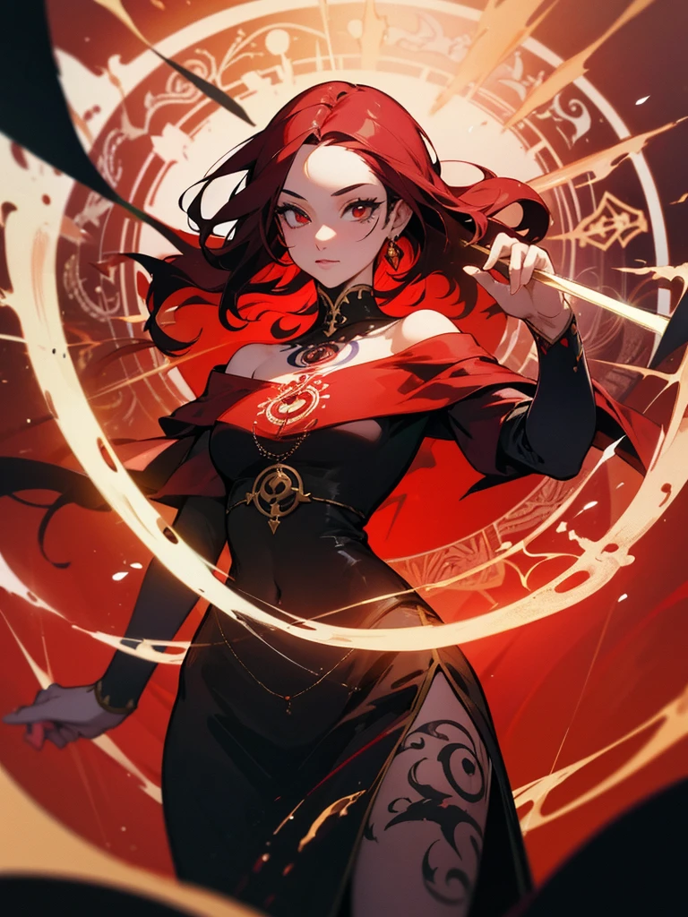 1 adult woman, depicted painting, tattoo, (cinematic), elaborate, magical power, detailed magic circle, vibrant red color, off shoulder,