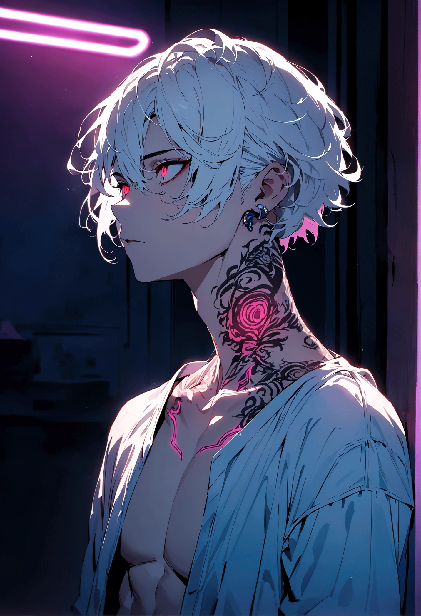 ((best quality)), ((masterpiece)), (detailed),(Cyberpunk) A boy with Short White hair and red eyes, showing his tatto in his neck, in bedroom with neon light