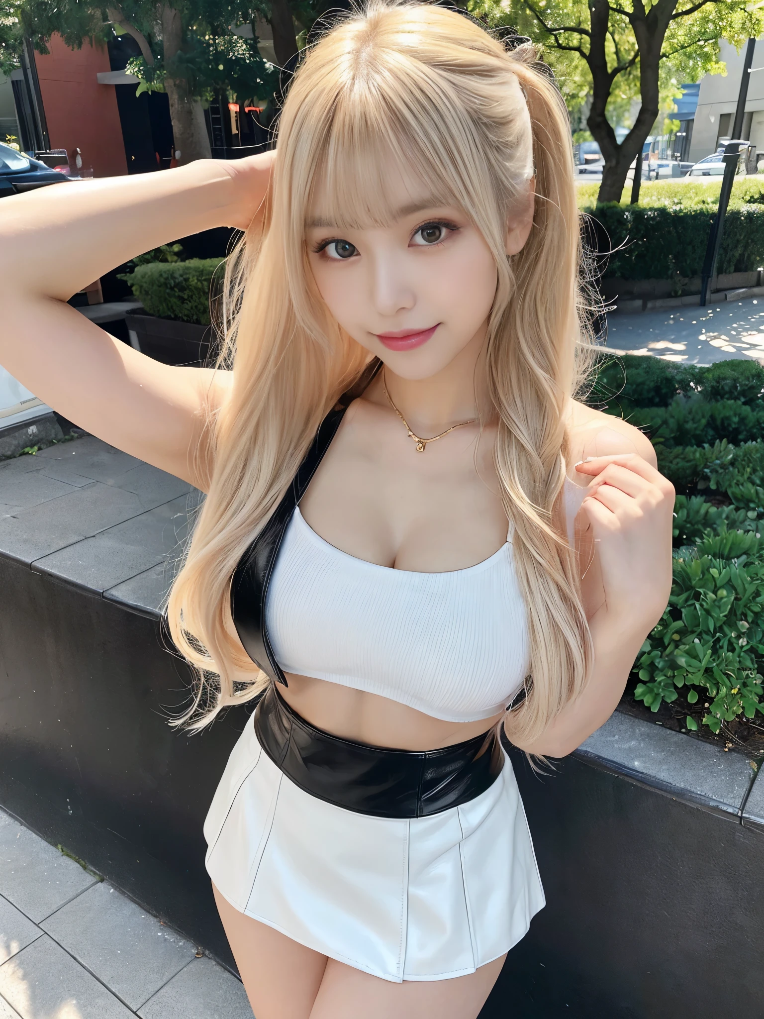 (Full Body Shot:1.3),( Masterpiece, Highest quality), 98k, ((Perfect Anatomy:1.2)),Beautiful Japanese Women, Succubus,(One person:1.3), 20-year-old, Small face,(Cute face:1.2),Smiling, Larger breasts, ,Beautiful and detailed eyes, Evenly spaced eyes 1.2, long platinum blonde hair,(Random Hairstyles), (Highly detailed face and skin texture), Beautiful face in golden proportions,White skin,(Black leather mini skirt:1.2),(Random sexy poses:1.2)、(Expose the valley:1.3),(Exposing your thighs:1.2),Gal Makeup,Halter neck