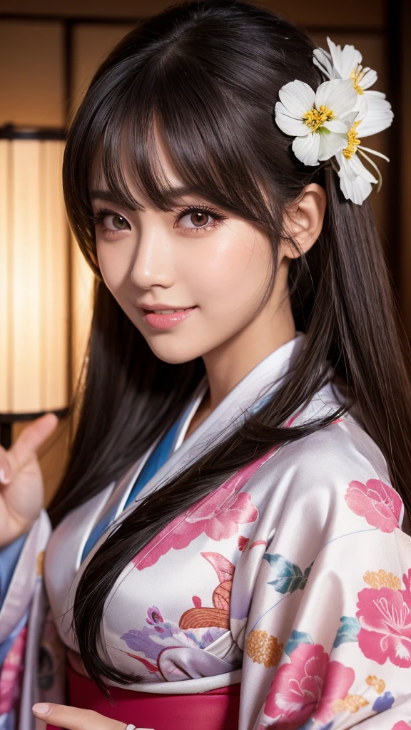 (1girl:1.3), Masterpiece, Best quality, amazing beauty, [[3D]], 4K, absurdres, finely detail, super detailed eye, perfect anatomy, official art, cinematic lighting, BREAK, Island, silky medium hair, silky twin tails, white hair, super shiny detailed brown eyes, big eyes, sparkle(in the eyes), thick eyebrow, open-mouth, plump lips, Mascara, False eyelashes, pink lips, eyewear, contented smile, BREAK , big breasts, tall, skinny, dark skin, walking and waving, BREAK , Overhead shot, BREAK,(kimono:1.3)