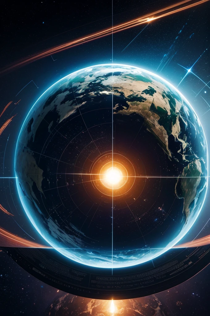 digital illustration featuring Earth viewed from space, enveloped by a network of interconnected lines forming a geometric grid. The Earth should be depicted with realistic details, showcasing continents and oceans. The background should be a dark, star-filled expanse with a bluish hue, creating a sense of depth and vastness. Incorporate a futuristic, holographic interface overlaying the scene, with circular patterns and glowing elements to emphasize a high-tech, sci-fi aesthetic. The overall mood should be mysterious and awe-inspiring, highlighting the beauty and complexity of our planet in the context of advanced technology.