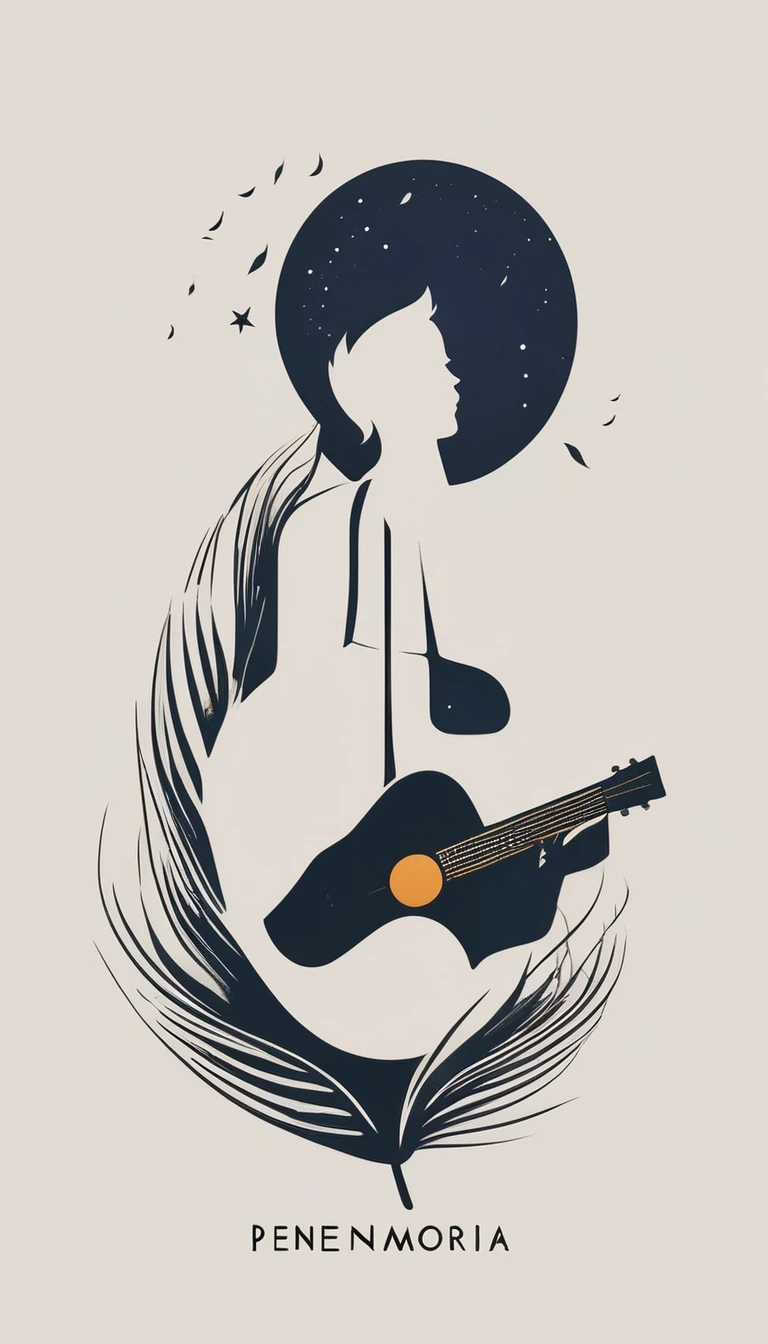 A minimal, modern, simple, cinematic logo design for the brand “Penamemoria". The logotype must be a simple, magical feather and a boy playing acoustic guitar. The logo must convey a sense of music, stories and dreams. Minimalistic logo design of a boy dissolving into a feather of dreams and memories
