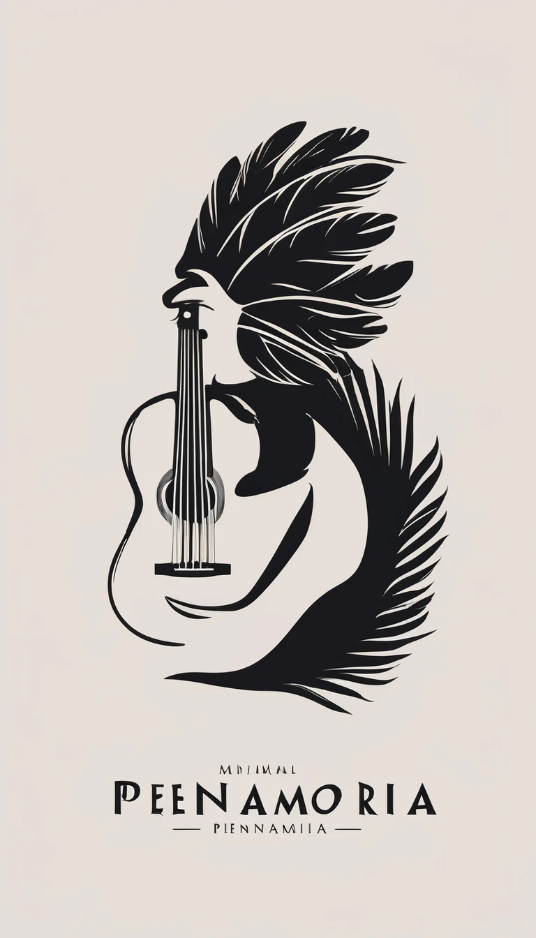 A minimal, modern, simple, cinematic logo design for the brand “Penamemoria". The logotype must be a simple, magical feather and a boy playing acoustic guitar. The logo must convey a sense of music, stories and dreams. Minimalistic logo design of a boy dissolving into a feather of dreams and memories