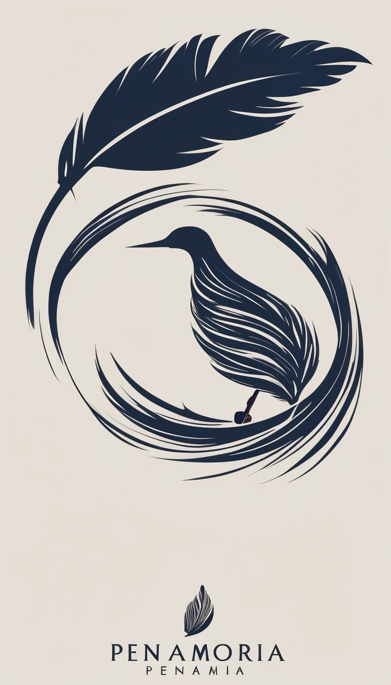 A minimal, modern, simple, cinematic logo design for the brand “Penamemoria". The logotype must be a simple, magical feather and a boy playing acoustic guitar. The logo must convey a sense of music, stories and dreams. Minimalistic logo design of a boy dissolving into a feather of dreams and memories