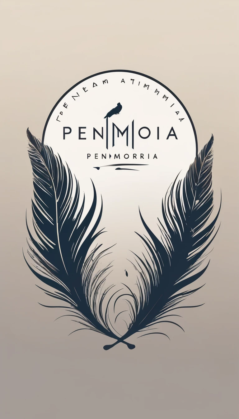 A minimal, modern, simple, cinematic logo design for the brand “Penamemoria". The logotype must be a simple, magical feather and a boy playing acoustic guitar. The logo must convey a sense of music, stories and dreams. Minimalistic logo design of a boy dissolving into a feather of dreams and memories