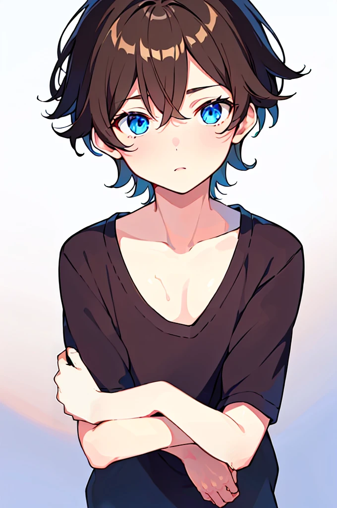 [(WHITE BACKGROUND:1.5),::5], (((masterpiece))), high quality, very_high_resolution, large_filesize, full color, Solo, (1  boy), 13 old's short brown hair), vivid color, Blue eye, summer clothes, upper body, anime style