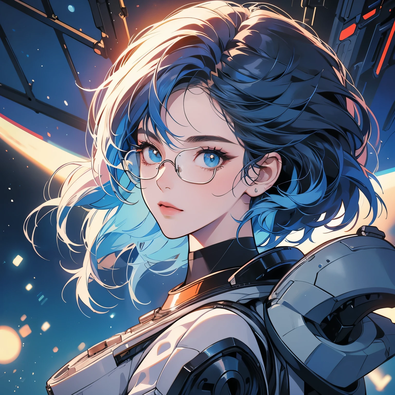 One beautiful woman, inside a spaceship, perfect machine, spacesuit, looking at camera, perfect face, zero gravity, outer space, lots of wires, switchboard, perfect and detailed machine, robot, detailed hair, (((Various angles))), cockpit, upper body shot, most beautiful woman alive, head shot , Super detailed background, top quality, Unique and beautiful eyes, Various unique hairstyles, Ghost in the Shell, Long shot, Panorama, (((Various eye color))), Various hair color, sparkling eyes,Outer space in the background, Unique and perfect face, Pale Lighting, shoot from above, glasses