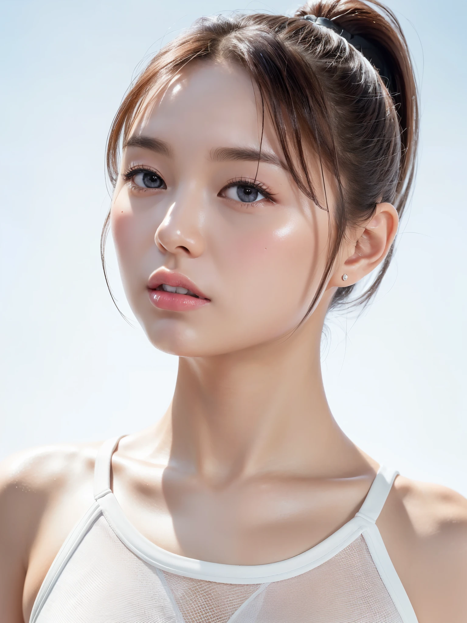 HASSELBLAD CAMERA, RAW photos, (Practical: 1.2), 1 Girl, (Beautiful and glamorous: 1.4), Ponytail Twist, White sports bust, White sports shorts, White sneakers, detailed face, beautiful eyes, (Perfect body: 1.2), Bangs, Pink lips, (detail: 1.2), 8K Ultra HD,