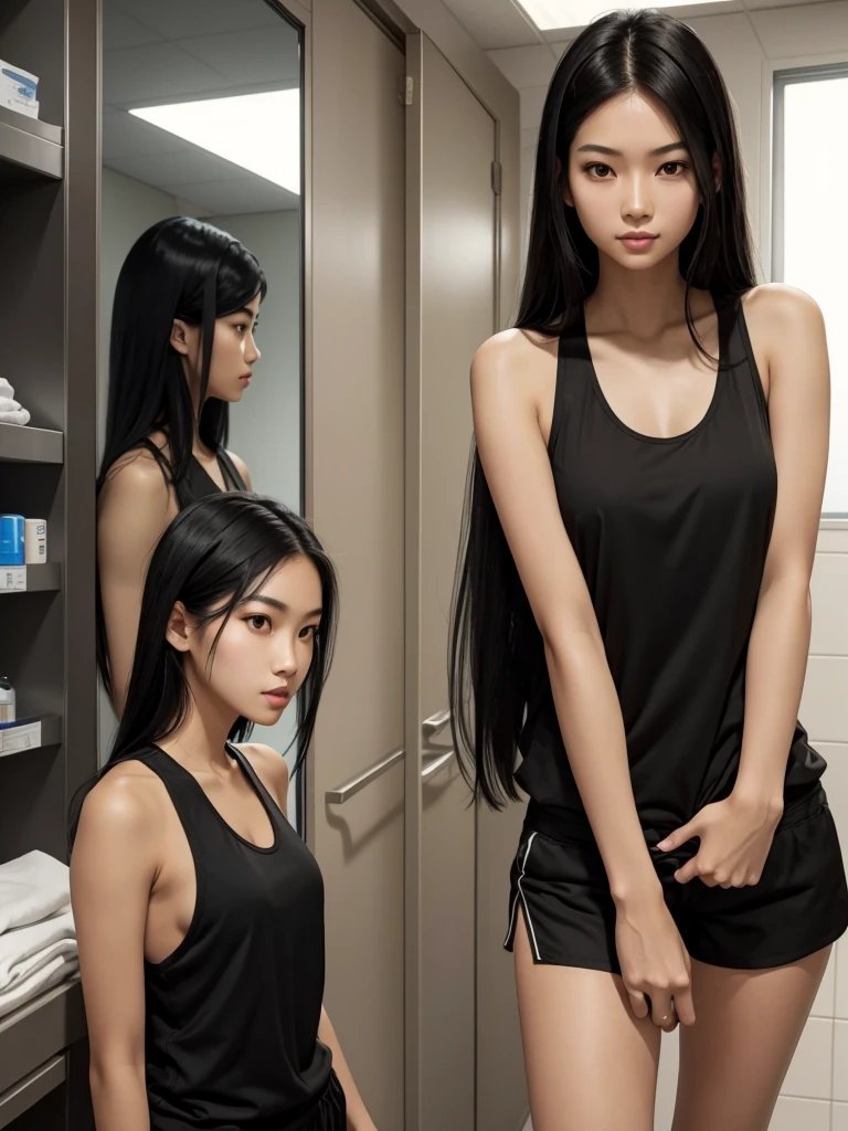 A tall and lean young Asian woman with long black hair, brown eyes, and light tan skin wearing black tank top and shorts . Set at a sterile medical facility