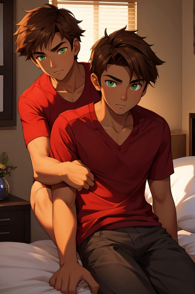 a 16 year old man, tanned skin, light brown hair, green eyes, red shirt, black cause. in the bedroom