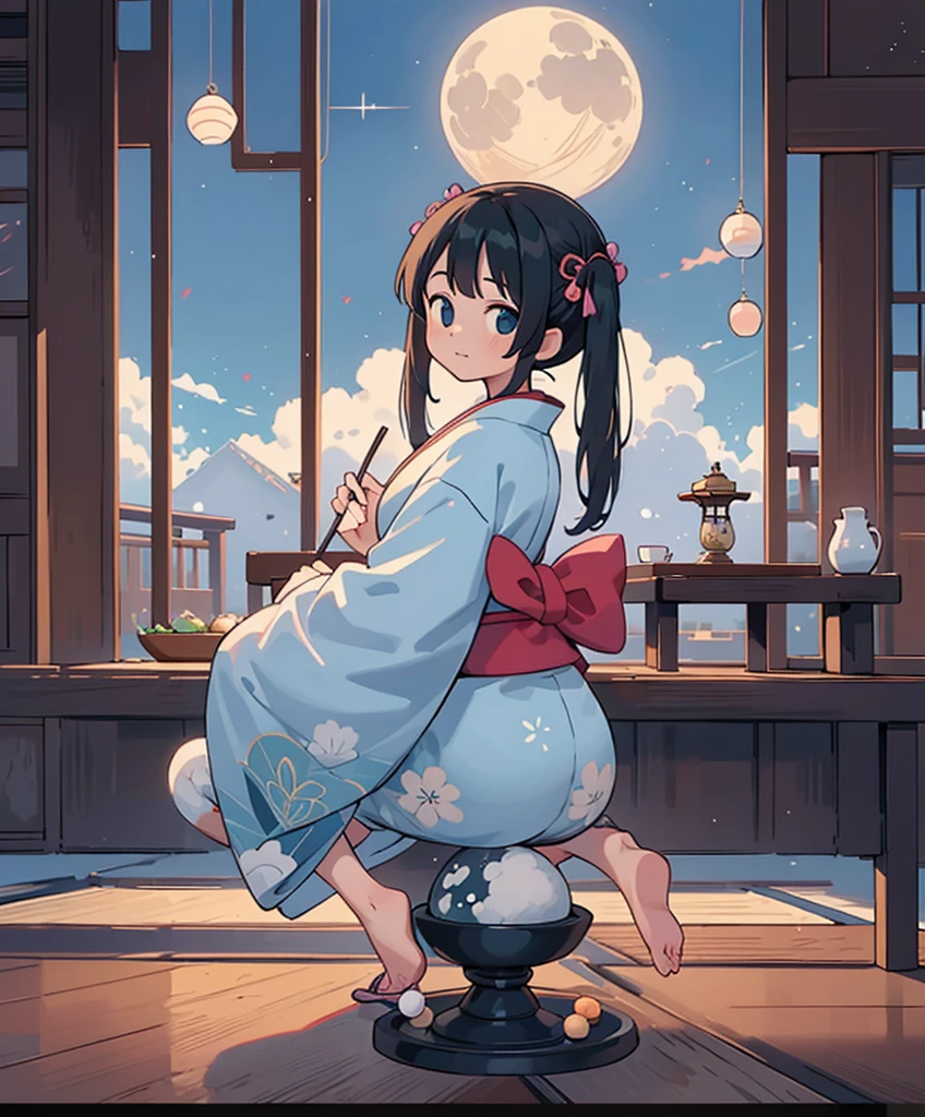 (masterpiece、highest quality、highest quality、official art、beautiful beautiful:1.2)、(1 girl:1.3)Hatsune Miku、twin tails,big breasts,A girl is looking backwards at the moon, Girl with long black hair hanging down to the floor, The 11-piece kimono is a 10-piece double kimono worn by noblewomen during the Heian period.。., Other side of the moon, The girl in the background is looking at the beautiful moon, (On a Japanese-style balcony:1.2), Set the Tsukimi Dango aside., Nearby is a vase with soot on it., colorful, super detailed, High level image quality, [[[[[multiple arms]]]]]