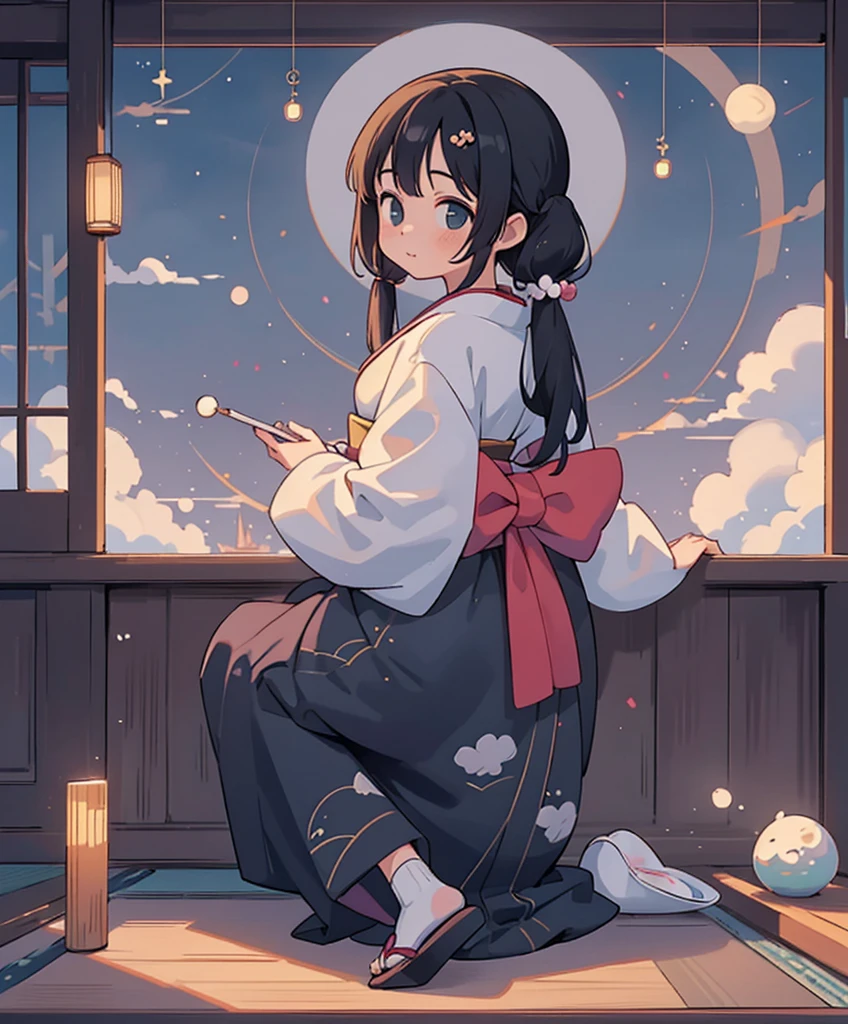 (masterpiece、highest quality、highest quality、official art、beautiful beautiful:1.2)、(1 girl:1.3)Hatsune Miku、twin tails,big breasts,A girl is looking backwards at the moon, Girl with long black hair hanging down to the floor, The 11-piece kimono is a 10-piece double kimono worn by noblewomen during the Heian period.。., Other side of the moon, The girl in the background is looking at the beautiful moon, (On a Japanese-style balcony:1.2), Set the Tsukimi Dango aside., Nearby is a vase with soot on it., colorful, super detailed, High level image quality, [[[[[multiple arms]]]]]