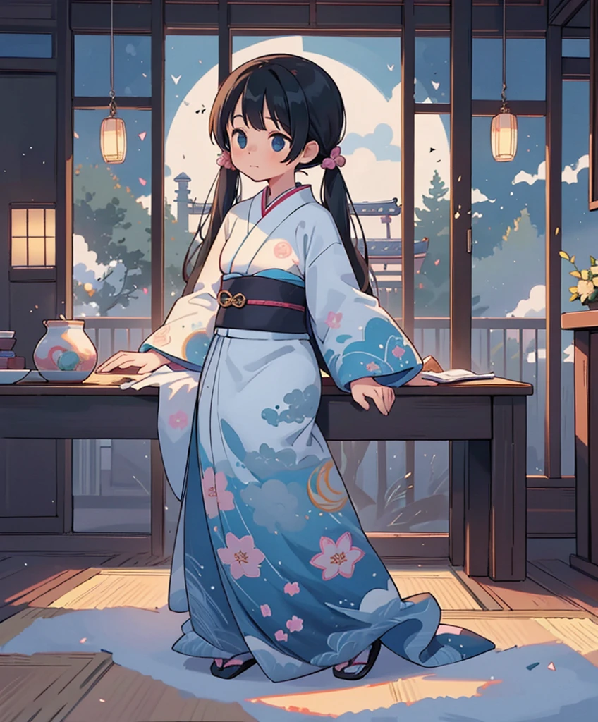 (masterpiece、highest quality、highest quality、official art、beautiful beautiful:1.2)、(1 girl:1.3)Hatsune Miku、twin tails,big breasts,A girl is looking backwards at the moon, Girl with long black hair hanging down to the floor, The 11-piece kimono is a 10-piece double kimono worn by noblewomen during the Heian period.。., Other side of the moon, The girl in the background is looking at the beautiful moon, (On a Japanese-style balcony:1.2), Set the Tsukimi Dango aside., Nearby is a vase with soot on it., colorful, super detailed, High level image quality, [[[[[multiple arms]]]]]