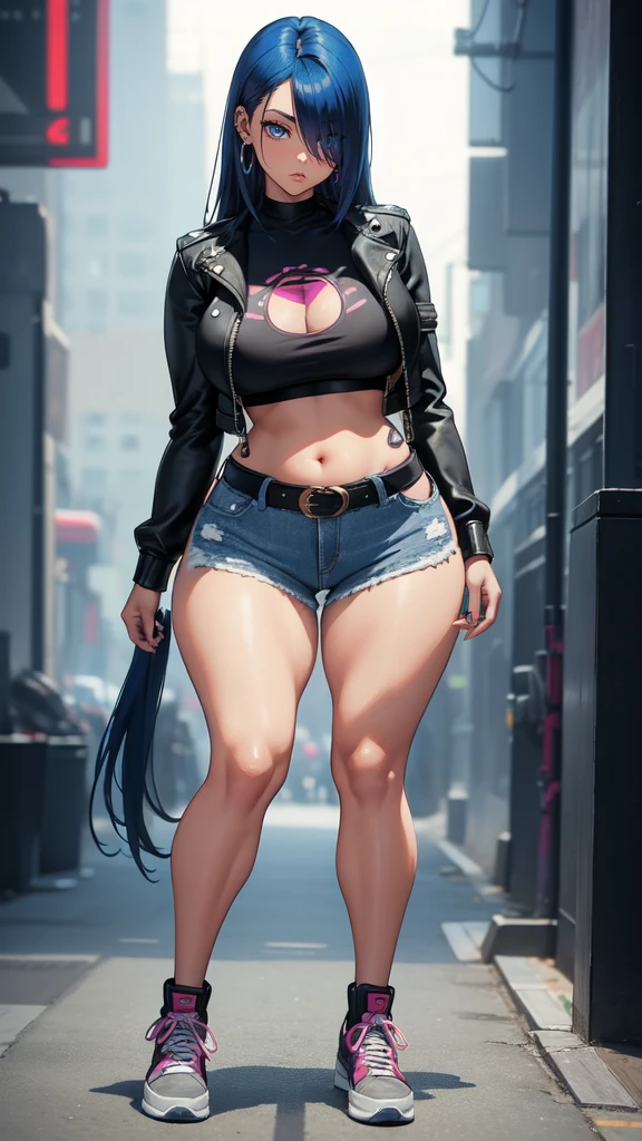 (blank background), (((full body framing))), standing, (masterpiece), (best quality), huge girl, (muscular girl:0.8), (thin hair:1.7), (long blue jeans), massive breast, hair over one eye:1.4, sport bra, fuchsia hair, dark skin, belt under navel, blunt bangs, sneakers, (long legs:1.6), rock band shirt, cute:1.8, adorable:1.8, leather jacket,, cyberpunk girl, ear piercings, earrings, tatoo, (very curvy:1.3), 1girl, solo