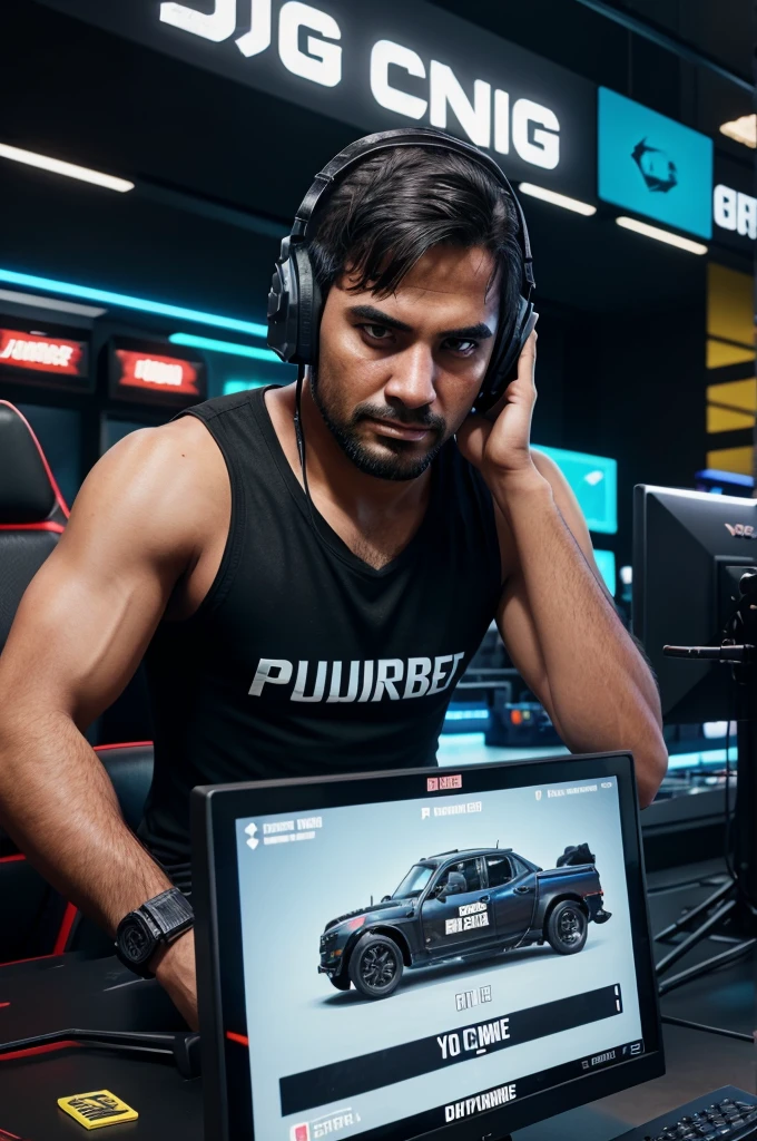 A man playing PUBG game in gaming center on pc warning a jursey kit number 7 his name is younis write on jursy back.