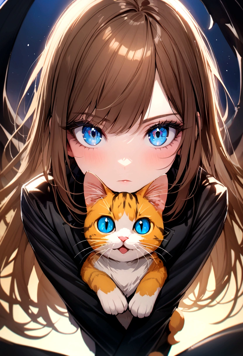 (Highest quality)(1 woman,single,brown hair,blue eyes ,Black suit shirt,Turn to look at the viewer,with guardian cat)