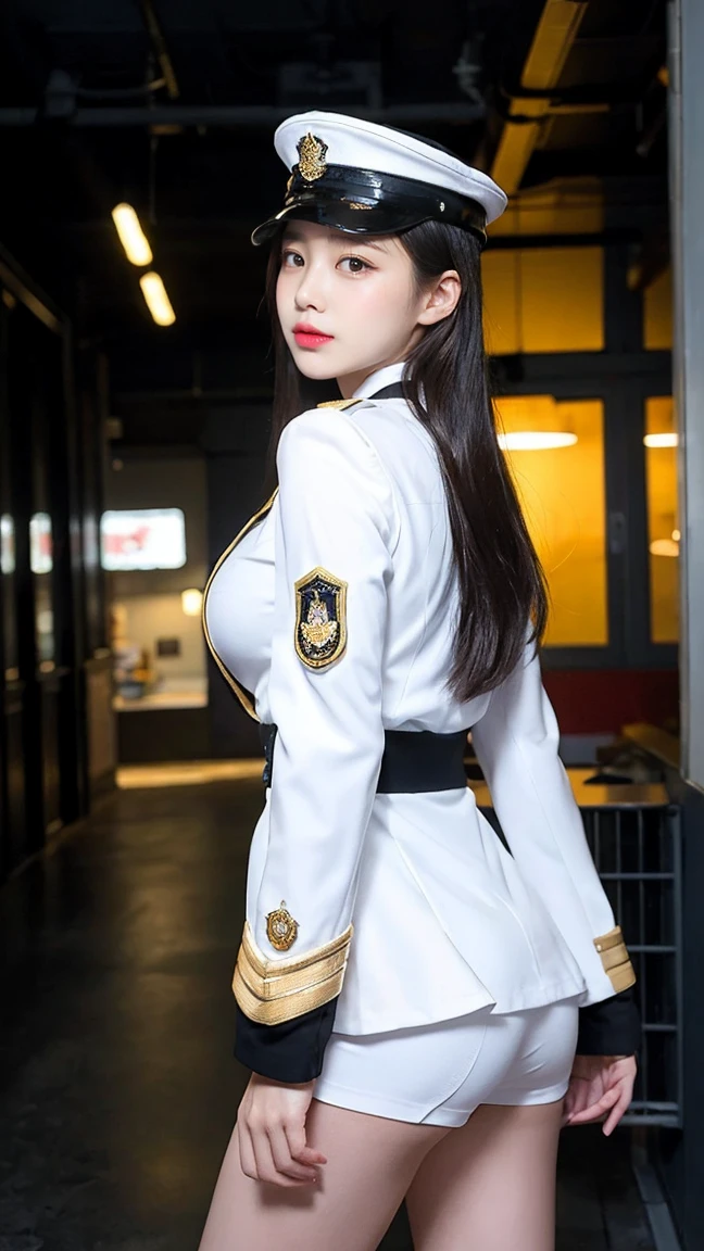 最high quality, masterpiece, 32k、Very detailed、Realistic、1 girl, Japanese women、White and gold military uniform costume、Futuristic sexy costume, White and gold military uniform、US Army military uniform hat、White military uniform、class seal、Wearing a military uniform hat(military officer uniform hat), Cute face, (photo Actual:1.3),Edge lighting, (Skin with attention to detail:1.2), 8k超High resolution, Single-lens reflex camera, high quality, High resolution, 4K, 8k, Optimal ratio of four fingers to one thumb, (Actual:1.3), cute 1 girl, Realistic、Super Realistic、32k、Very detailed、masterpiece, 最high quality, beautiful girl, beauty、Gorgeous girl, Big Breasts, Big Ass, Narrow waist, Leg spread, Plenty of facial detail, City of the Future, Super detailed, High resolution, masterpiece, high quality, High resolution,