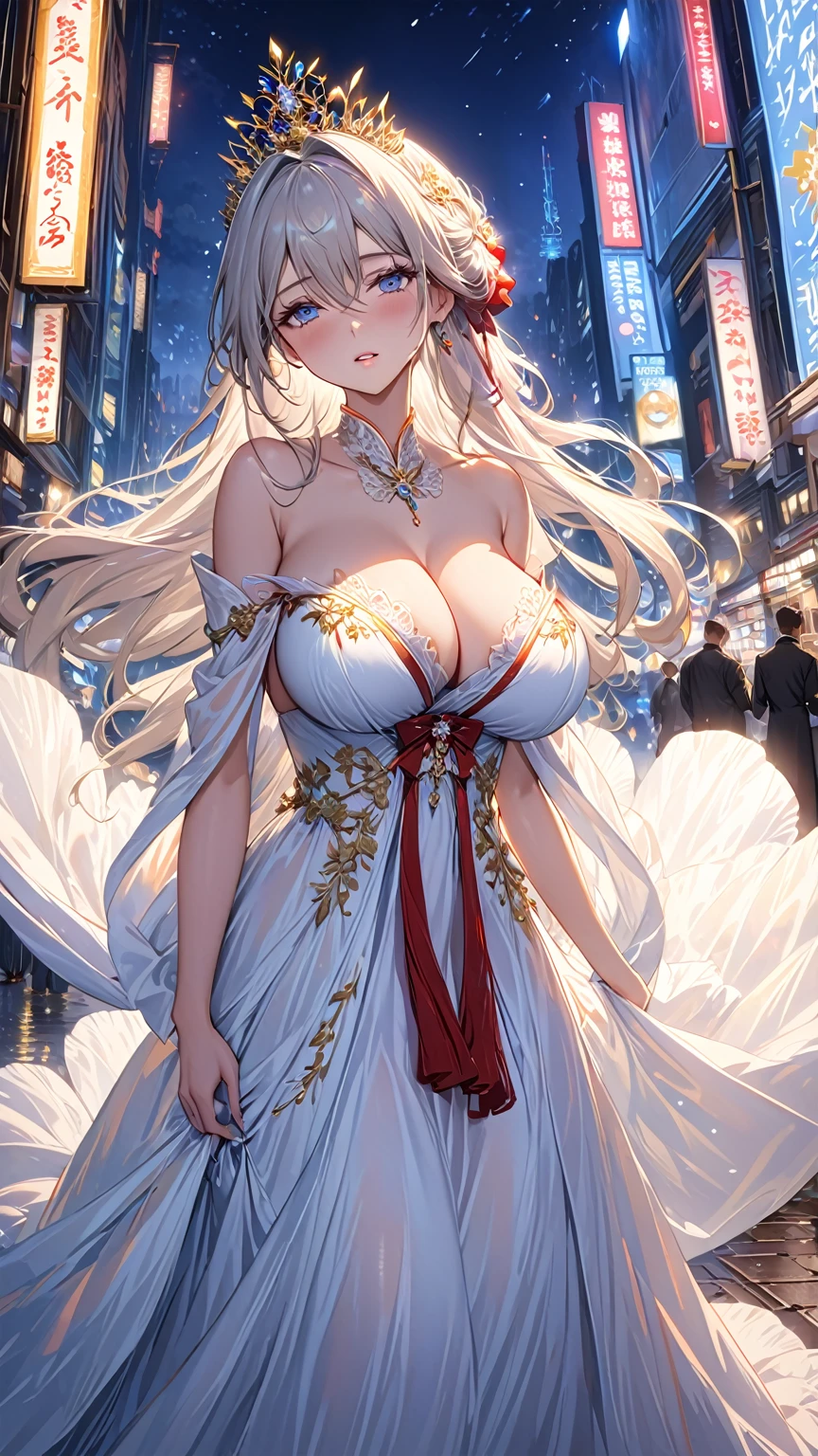 masterpiece:1.4,best-quality,Super Detail,Very Delicate and Beautiful, ((( nsfw, beautiful woman, royalty dress, orgasm ))), long hair, very gigantic breasts, cleavage, very slender, off-shoulder, perfect face, beautiful eyes, full body, in night city