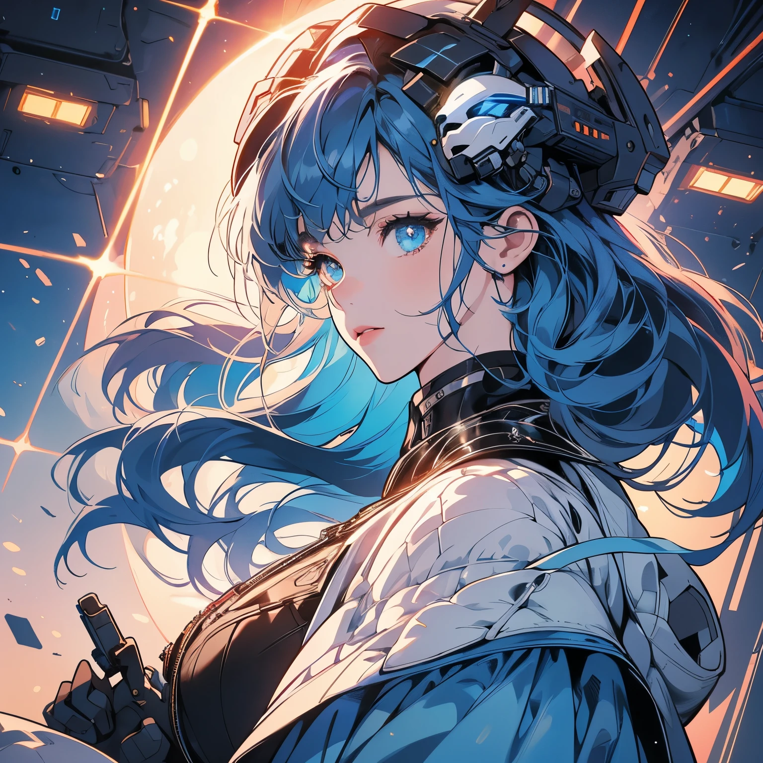 One beautiful woman, inside a spaceship, perfect machine, spacesuit, looking at camera, perfect face, zero gravity, outer space, lots of wires, switchboard, perfect and detailed machine, robot, detailed hair, (((Various angles))), cockpit, upper body shot, most beautiful woman alive, head shot , Super detailed background, top quality, Unique and beautiful eyes, Various unique hairstyles, Ghost in the Shell, Long shot, Panorama, (((Various eye color))), Various hair color, sparkling eyes,Outer space in the background, Unique and perfect face, Pale Lighting, shoot from above, (((Ultra-detailed mechanical helmets)))