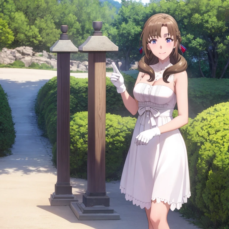 masterpiece, (best quality), 1woman,1girl ,mamako_oosuki,   brown hair,  long hair, french braid, purple eyes,mature female, dress, white dress, (big breasts), ribbon,sexy woman,smile,  white gloves,closed clothes, embarrassed,blush,  bare shoulders, vibrant colors ,natural lighting  ,RTX,  , beautiful, (detailed face:1.2), showcase, (perfect eyes:1.1) ,(photorealistic:1.1), 8k uhd,  looking at viewer, outdoors,  simple backround,