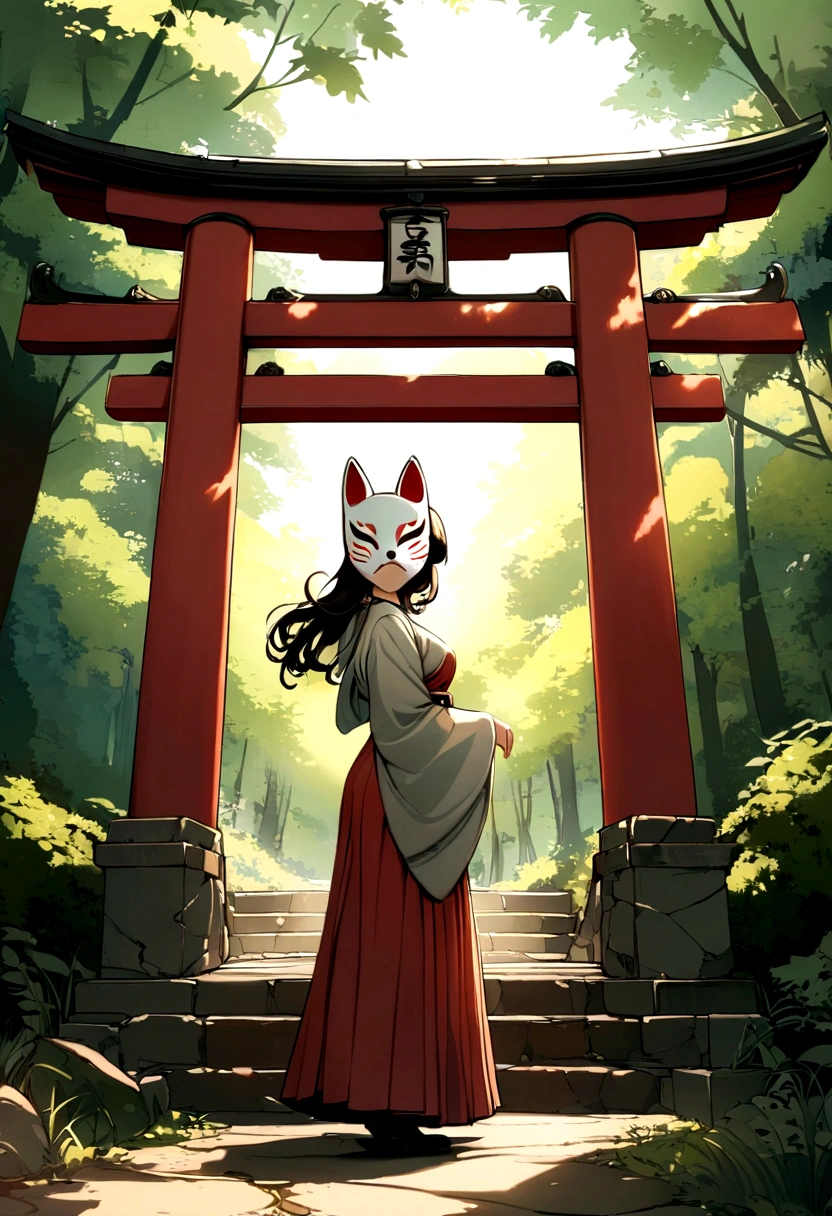 Old torii gate in the forest, Old stone staircase, wood々The sunlight shines in, nostalgic ,Girl wearing a fox mask,Highest quality,Very delicate,masterpiece,Super detailed,