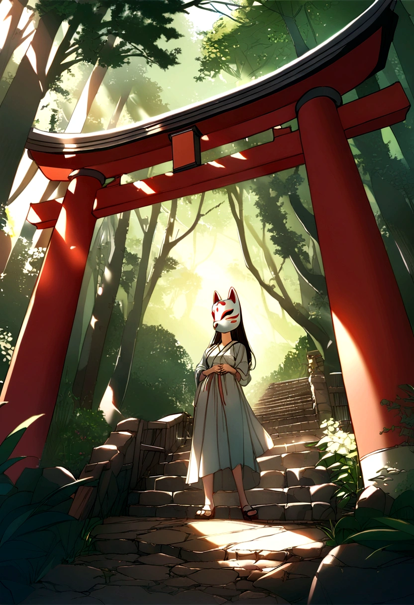 Old torii gate in the forest, Old stone staircase, wood々The sunlight shines in, nostalgic ,Girl wearing a fox mask,Highest quality,Very delicate,masterpiece,Super detailed,