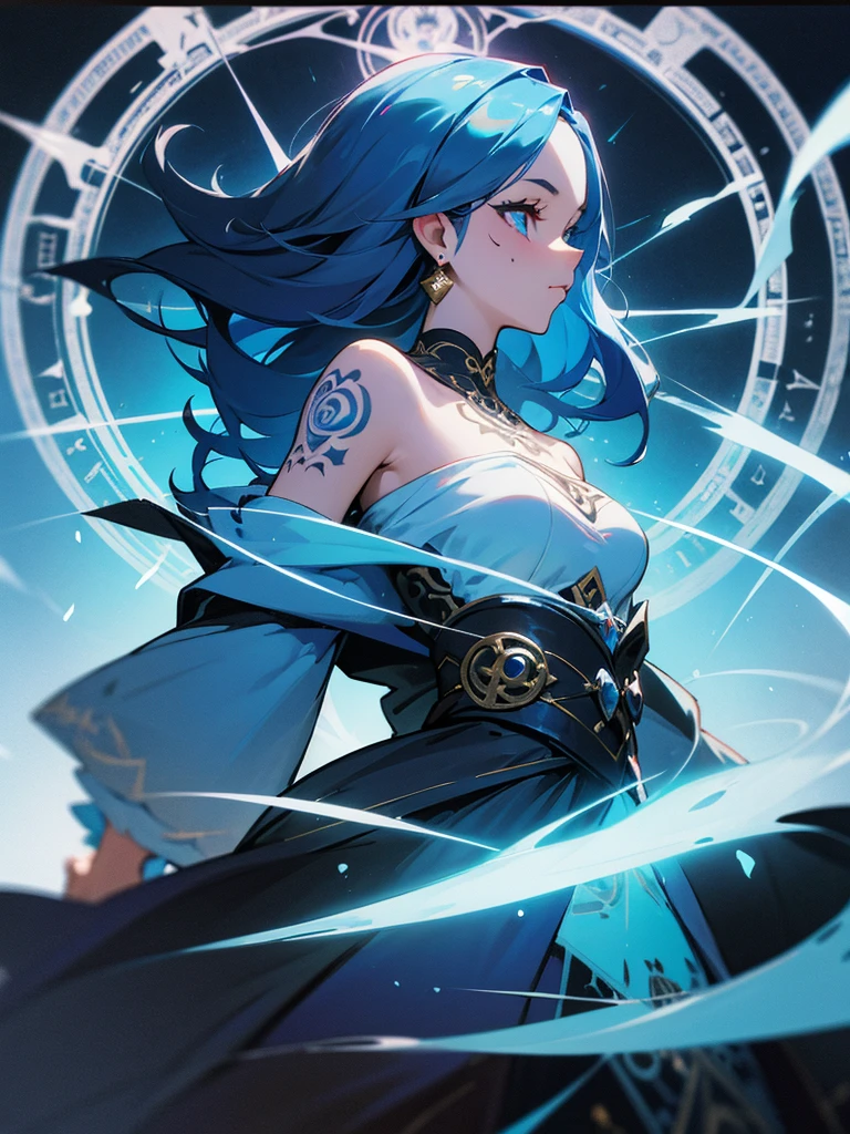 1 adult woman, depicted painting, tattoo, (cinematic), elaborate, magical power, detailed magic circle, vibrant blue color, off shoulder,