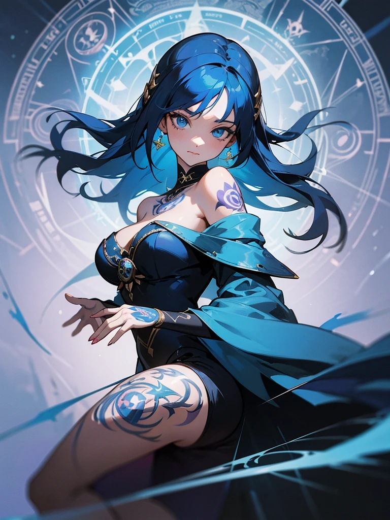 1 adult woman, depicted painting, tattoo, (cinematic), elaborate, magical power, detailed magic circle, vibrant blue color, off shoulder,