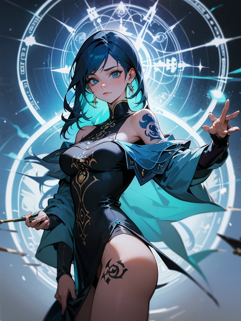 1 adult woman, depicted painting, tattoo, (cinematic), elaborate, magical power, detailed magic circle, vibrant blue color, off shoulder,