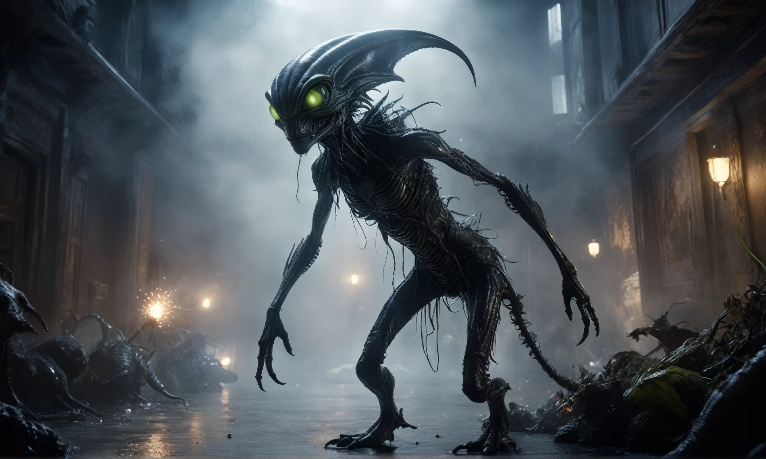 full body length,niobium goblin,native africa xenomorph,once pretty face,eyebrow up,full body shot,ominous landscape,niobium gray atmosphere,photo,photorealism,Masterpiece,natural skin textures, hyper realism,hyper detailed,High contrast,Realism,Ultra Detailed,irina yermolova,close full body shot,32K resolution,Nikon Z9, ,demonic, dust, smoke, audience, mist, featuring ultra-realistic and hyper-realistic elements,
Marta Bevacqua, Ellen Jewett, Kawacy, Katsuya Terada, Carne Griffiths, explosive lightning, concert lighting, bokeh, luminal space that feels
both bright and surreal. Includes liquid fluid elements for added depth and movement. Rendered in an unreal
engine and post-processed to achieve . Evokes a sense of dreamy, ethereal
and mystical mood,horror pixar movie still,thriller disney movie ,pixar render, animated