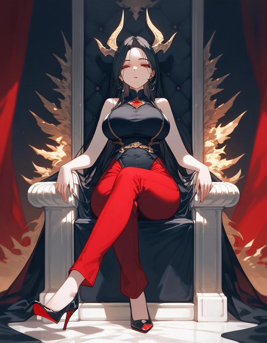 masterpiece, Score_9, Score_8_up, Score_7_up, front view, 1 woman, alone, black hair with red, long hair, parted bangs, dark red eyes, half-closed eyes, parted lips, expressionless, pale skin, large breasts, body suit, black bottom, best quality, horns up, long open bangs, black sleeveless shirt, black V-neck, red baggy pants, high heels, Sitting on a throne.