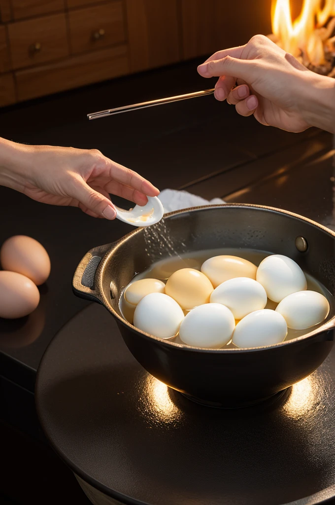 Boiling eggs. The pot is on top of a range flame, the pot is full of water, and there are eggs in it. High quality, realistic live-action photo creation.