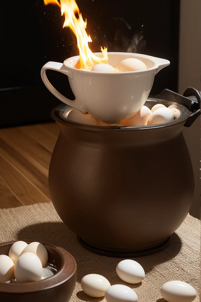 Boiling eggs. The pot is on top of a range flame, the pot is full of water, and there are eggs in it. High quality, realistic live-action photo creation.