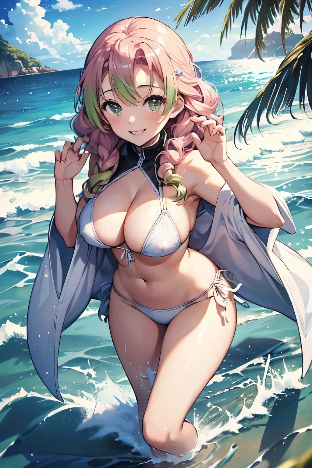 (8K、masterpiece、Highly detailed background、high resolution)、(mitsuri kanroji)、Cleavage、(beach、White Bikini、Splashing water、Gravure pose、Embarrassed smile、Nipple protrusion)