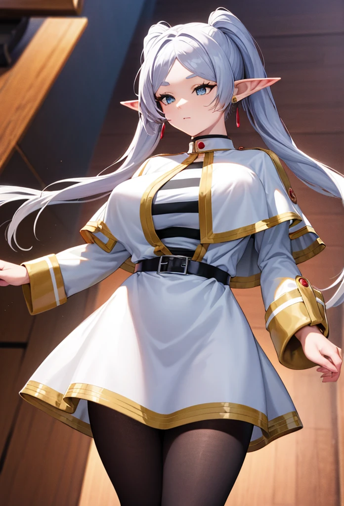 Big breast,wide hips,thicc tigh,blue eyes ,aafrie, long hair, white hair, twintails, pointy ears, earrings, thick eyebrows, white capelet, striped shirt, long sleeves, belt, white skirt, black pantyhose