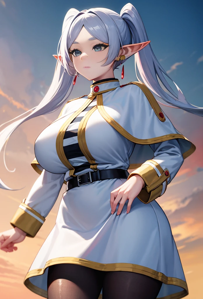 Big breast,wide hips,thicc tigh,blue eyes ,aafrie, long hair, white hair, twintails, pointy ears, earrings, thick eyebrows, white capelet, striped shirt, long sleeves, belt, white skirt, black pantyhose