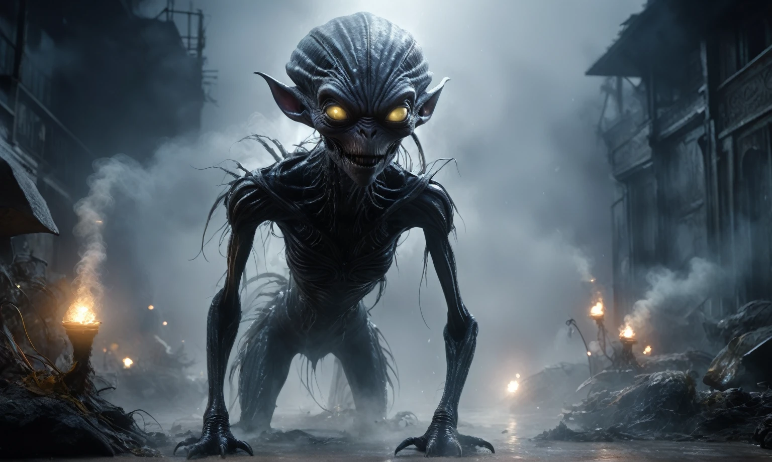 full body length,niobium goblin,native africa xenomorph's slaves,once pretty face,eyebrow up,full body shot,ominous landscape,niobium gray atmosphere,photo,photorealism,Masterpiece,hyper natural skin textures, hyper realism,hyper detailed,High contrast,Realism,Ultra Detailed,irina yermolova,close full body shot,32K resolution,Nikon Z9, ,demonic, fog, smoke, audience, mist, featuring ultra-realistic and hyper-realistic elements,
  Marta Bevacqua, Ellen Jewett, Kawacy, Katsuya Terada, Carne Griffiths,concert lighting,  bokeh,  luminal space that feels
 both bright and surreal. Includes liquid fluid elements for added depth and movement. Rendered in an unreal 
engine and post-processed to achieve . Evokes a sense of dreamy, ethereal 
and mystical mood,horror pixar movie still,thriller disney movie ,pixar render, animated ,suicide