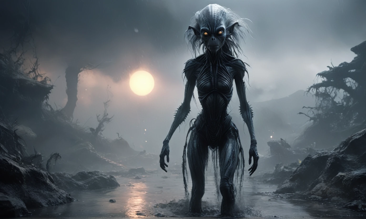 full body length,niobium goblin,native africa xenomorph,once pretty face,eyebrow up,full body shot,ominous landscape,niobium gray atmosphere,photo,photorealism,Masterpiece,natural skin textures, hyper realism,hyper detailed,High contrast,Realism,Ultra Detailed,irina yermolova,close full body shot,32K resolution,Nikon Z9, ,demonic, dust, smoke, audience, mist, featuring ultra-realistic and hyper-realistic elements,
  Marta Bevacqua, Ellen Jewett, Kawacy, Katsuya Terada, Carne Griffiths, explosive lightning, concert lighting,  bokeh,  luminal space that feels
 both bright and surreal. Includes liquid fluid elements for added depth and movement. Rendered in an unreal 
engine and post-processed to achieve . Evokes a sense of dreamy, ethereal 
and mystical mood,horror pixar movie still,thriller disney movie ,pixar render, animated 