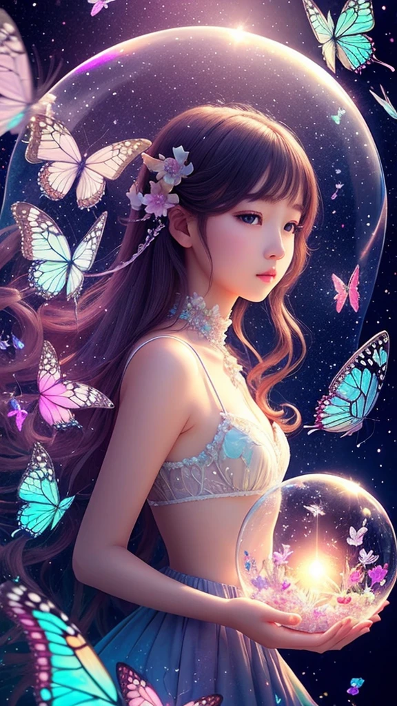 Surrealism、beautiful girl、butterfly、crystallization、Abstract art、empty、bubble、hologram、Minimum、Vintage、Soft lighting、Precision Dreams、Fantasy World