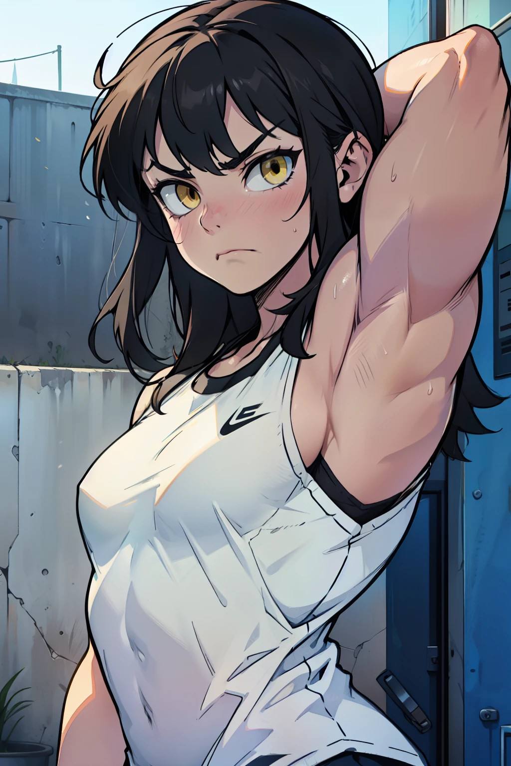 muscular girl small breasts thick thick thick thick thick black hair yellow eyes pale skin disappointed sad frown athletic female