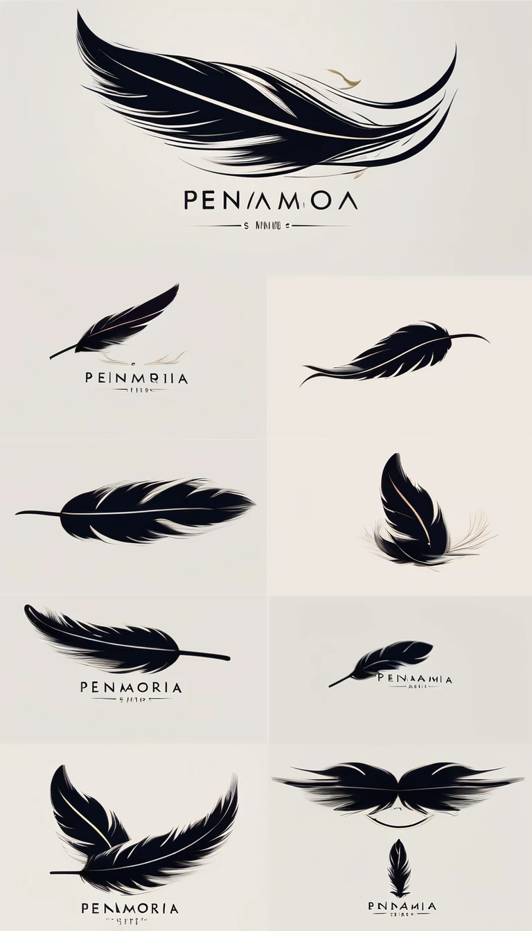 A minimal, modern, simple, cinematic logo design for the brand “Penamemoria". Create a modern, minimalistic, high-quality, logo of a feather transforming into a bird