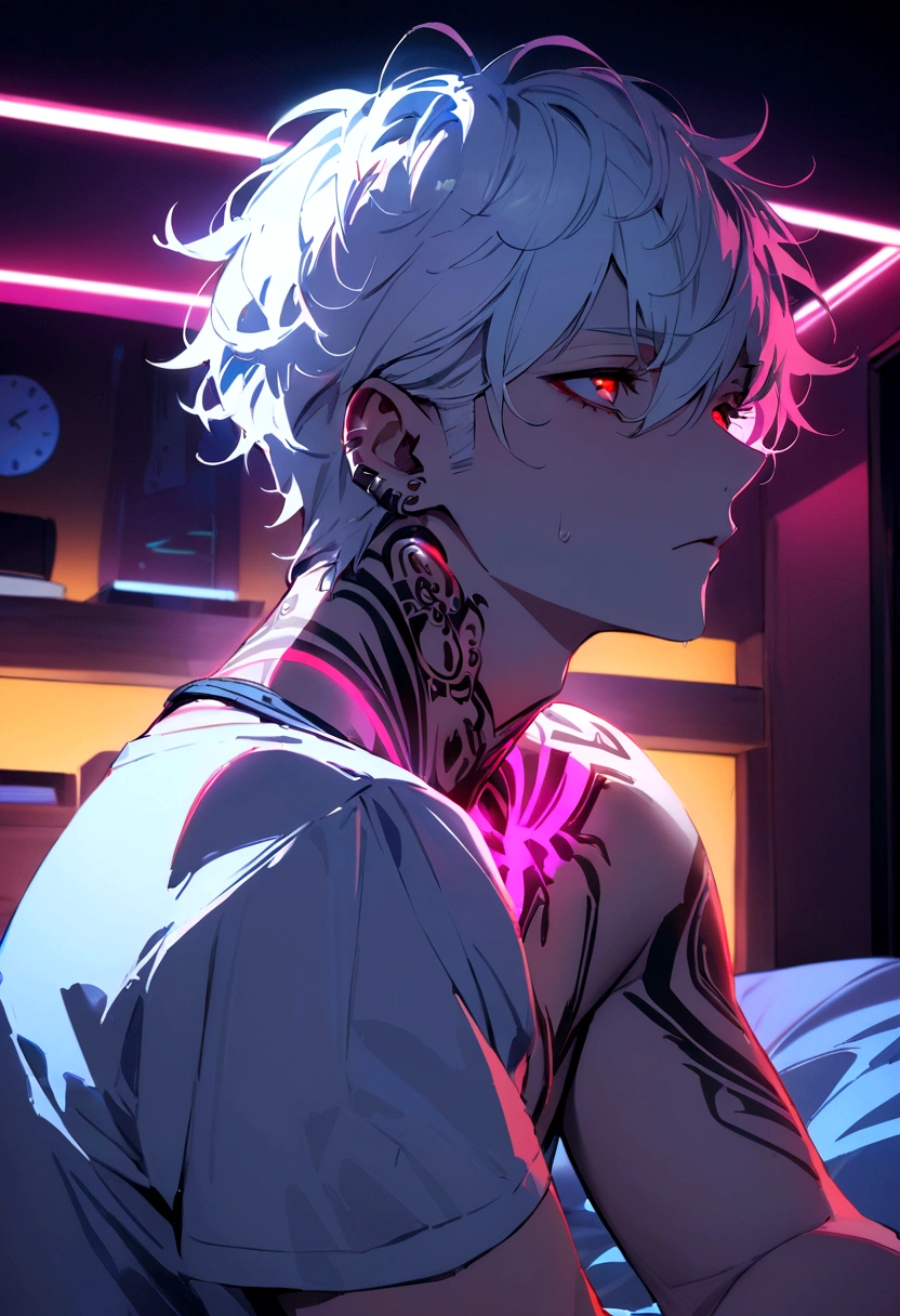 ((best quality)), ((masterpiece)), (detailed), A boy with Twoblock White hair and red eyes, showing his tatto in his neck, in bedroom with neon light
