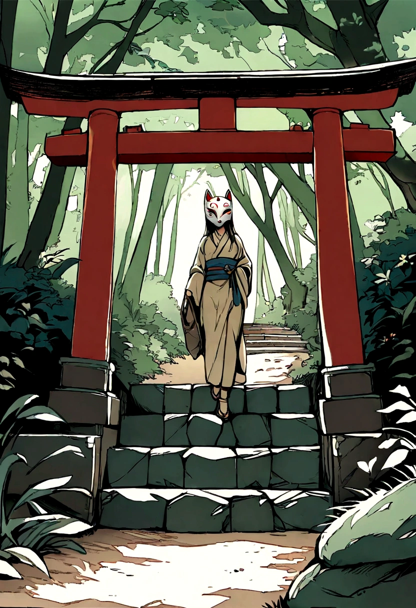 Old torii gate in the forest, Old stone staircase, wood々The sunlight shines in, nostalgic ,Girl wearing a fox mask,Highest quality,Very delicate,masterpiece,Super detailed,Makoto Shinkai-style illustration