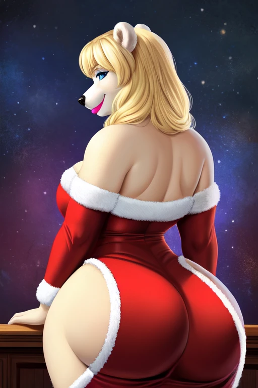 Blonde polar bear woman, wearing a backless Santa dress, perfect face, blue eyes, big breasts, cleavage, back view, big butt, solo, smile, perfect detailed body, pink lipstick,