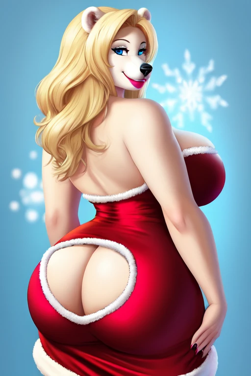 Blonde polar bear woman, wearing a backless Santa dress, perfect face, blue eyes, big breasts, cleavage, back view, big butt, solo, smile, perfect detailed body, pink lipstick,