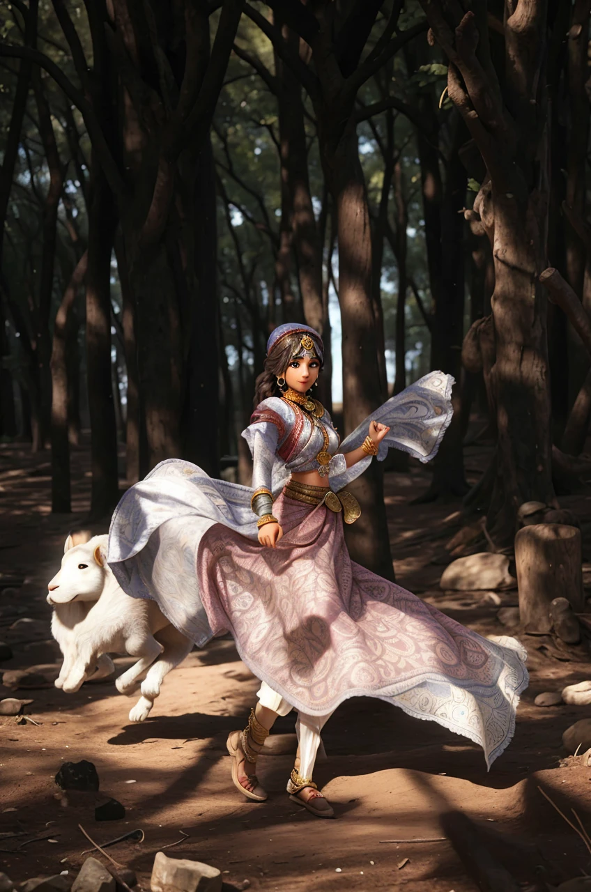 gypsy woman with Hindu characteristics, wearing an Indian sari, headscarf, full skirt, dancing, wearing gold bracelets on her wrists