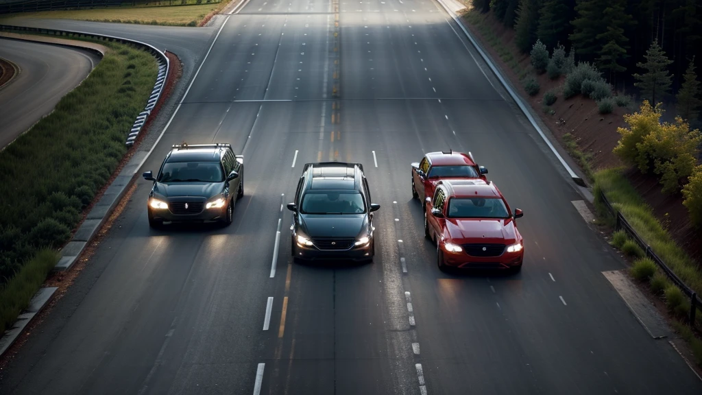 Please generate an illustration showing the application of autonomous driving. The content should feature a vehicle safely driving on a highway, utilizing AI technology and autonomous driving functions. The system should effectively detect the cars ahead and maintain a safe distance between vehicles. The background should show many cars driving on the highway, with lanes on either side having vehicles moving in opposite directions. The angle should be a top-down perspective. The photo style should be minimalist, bright, naturally colored, and clear.

